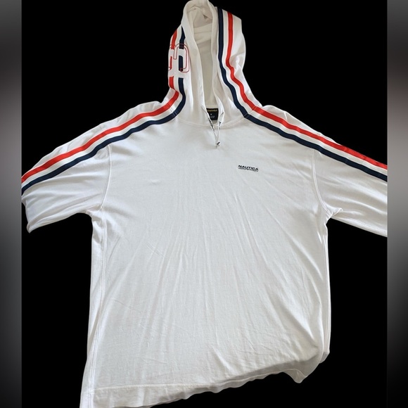 Nautica Competition Men's White Hoodie with Red and Blue Stripes - Picture 3 of 10